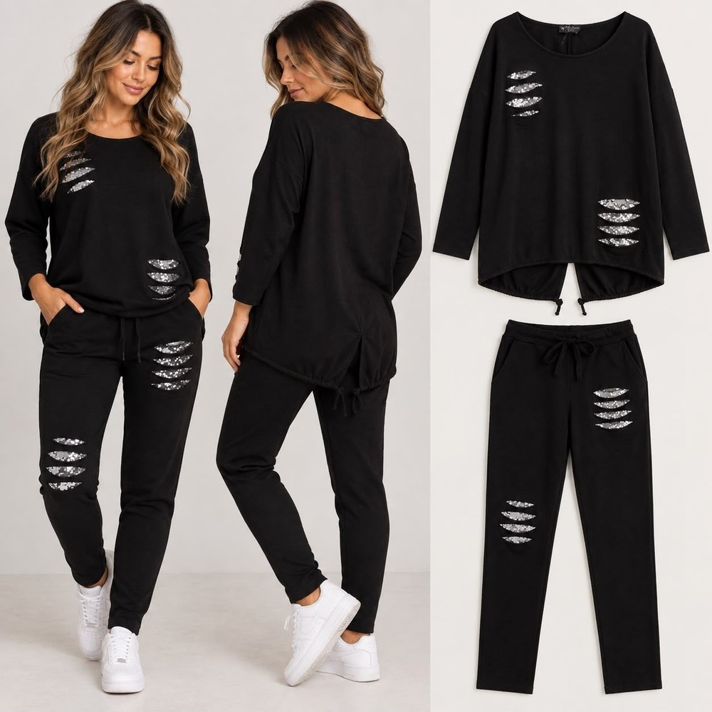 Bella Amore Tracksuit Set Women L/XL Black Sequin Distressed Sweatshirt Joggers